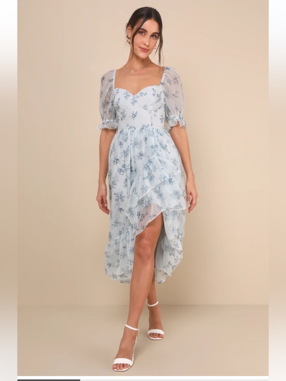 NWT Lulus Luxe Brilliance Light Blue Floral Organza Floral Midi Dress size L